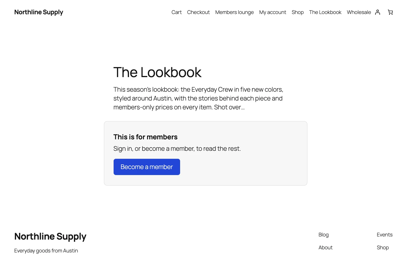 A members-only page on the site: the start of the Lookbook, then This is for members with a button to become a member