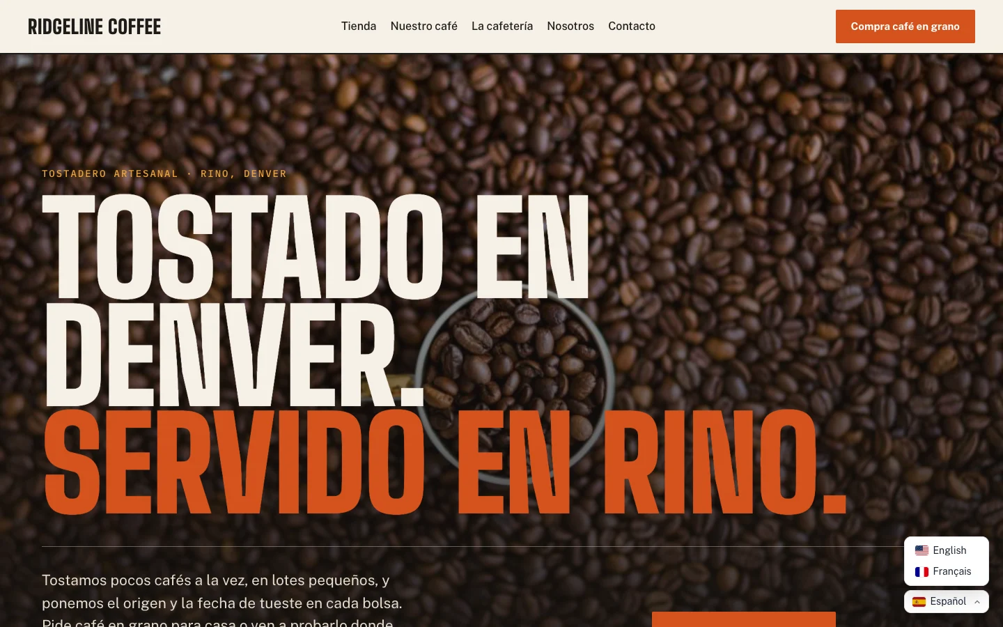 The Ridgeline Coffee Roasters home page in Spanish at /es/, translated by the AI, with the language switcher open in the corner: English, Español, Français