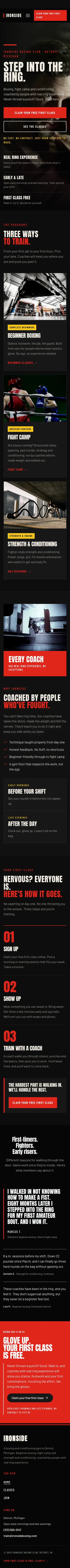 The Ironside Boxing Club homepage on a phone